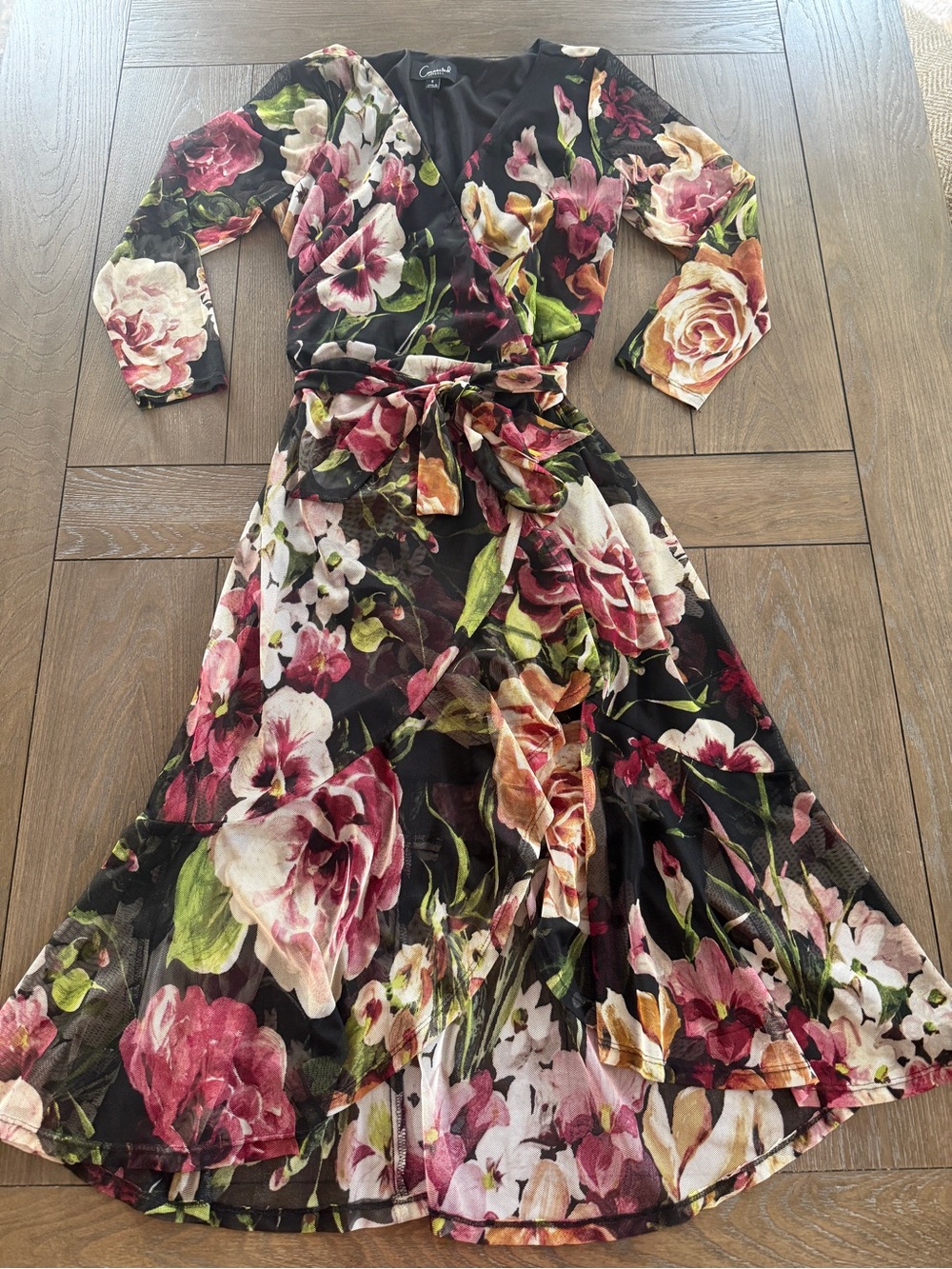 Connected Apparel Floral Full Wrap Dress Size 6 Hi Low Tie Waist